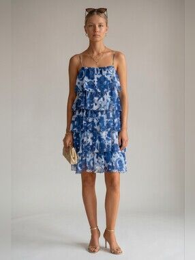 Caroline Constas Blue White Floral Tiered Ruffle Spaghetti Strap Mini Dress Sz M